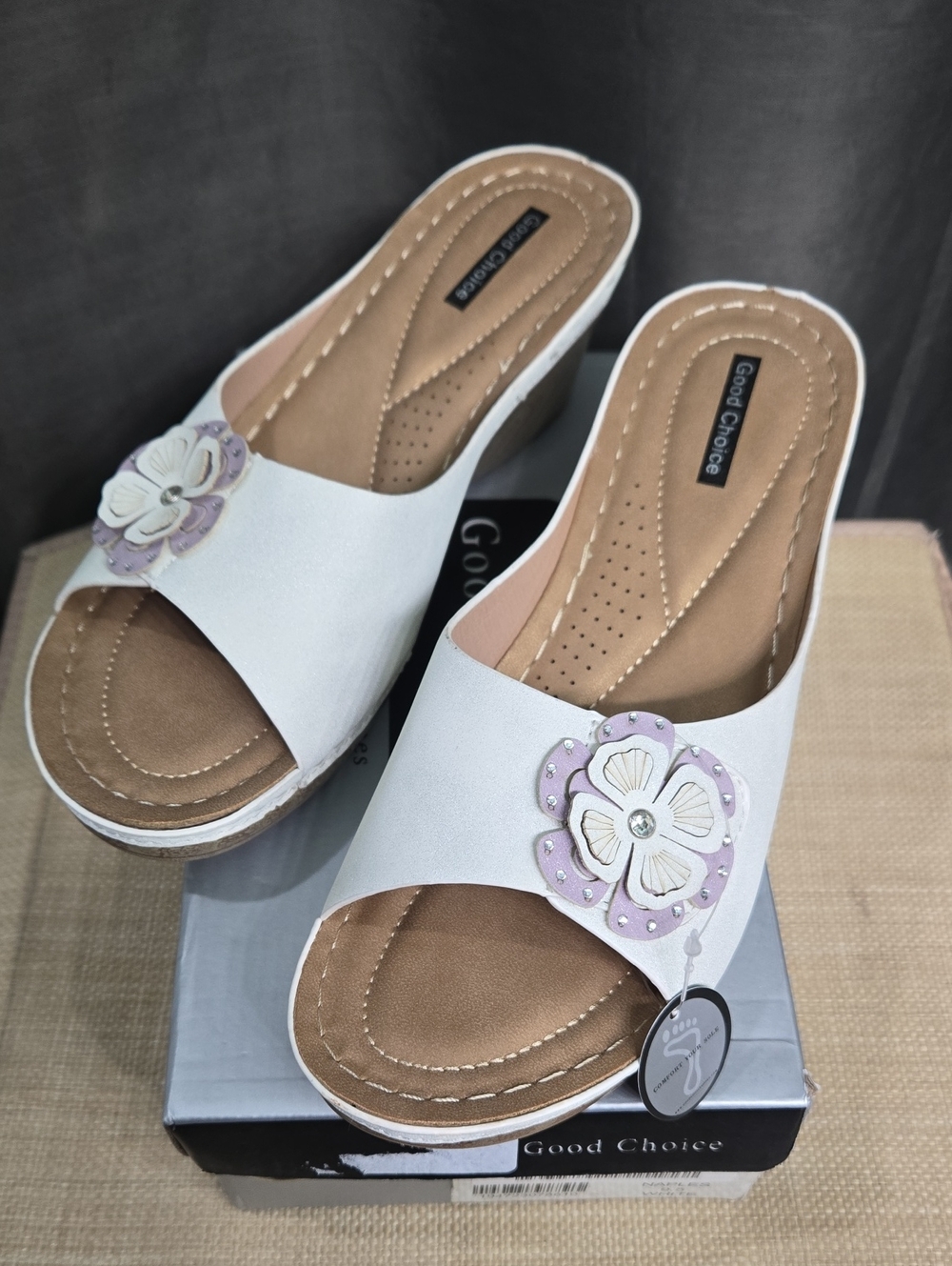 Good Choice White Slide Wedges with Lilac Floral Accent and Crystal